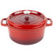 A red GET Heiss cast aluminum Dutch oven with lid.