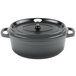 A gray and black oval dutch oven with a lid.