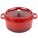 A red round GET Heiss Dutch oven with a lid.
