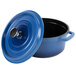 A cobalt blue GET Heiss round Dutch oven with a lid.