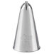 A silver metal cone-shaped Ateco Drop Flower piping tip with writing on it.