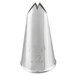 A silver metal Ateco 69 leaf piping tip with a cone shape and a small hole.