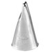 A silver cone shaped Ateco 99 Notched Ruffle piping tip.