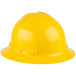 A close up of a Cordova Duo Safety Yellow hard hat with a 6-point ratchet suspension.