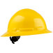A yellow hard hat with a black brim.