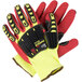A pair of yellow and red Cordova heavy duty work gloves.