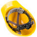 A yellow Cordova Duo hard hat with a black 4-point ratchet suspension strap.
