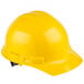 A yellow Cordova hard hat with a black ratchet suspension on a white background.