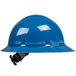 A blue Cordova Duo full-brim hard hat with black suspension clips.