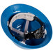 A Cordova Duo Safety blue hard hat with black suspension straps.