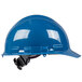 A blue Cordova cap style hard hat with black 4-point ratchet suspension strap.