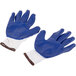 A pair of blue and white Cordova work gloves with white latex-coated palms.