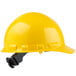 A Cordova yellow hard hat with a black clip and a white background.