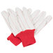 A pack of 12 Cordova white and red nap-in cotton work gloves.