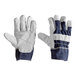 A pair of Cordova denim work gloves with white and blue stripes and cowhide leather palms.