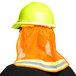 A person wearing a Cordova hi-vis green hard hat and a reflective vest.