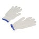 A pair of white Cordova medium weight cotton work gloves with blue trim.