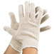 A pair of Cordova heavy weight natural polyester/cotton work gloves with a white knit.