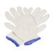 A pair of Cordova white work gloves with blue trim.