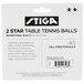 A white Stiga label with black text reading "Stiga T1428 2-Star White Ping Pong Balls" on a table.