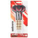 A package of three red, white, and black Unicorn steel tip darts.