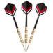 Three black and red Unicorn steel tip darts with white stripes on the flight.