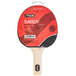 A close up of a Stiga ping pong paddle with a red and black label and the word "Sandy" in red.
