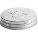 A silver metal lid with holes.