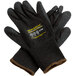 A pair of black Cordova Monarch heavy duty work gloves with black latex palms and yellow trim.