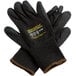 A pair of Cordova Monarch black work gloves with black latex palm coating and yellow trim.