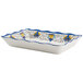 A white rectangular GET Melamine tray with blue and yellow designs.