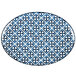 An Arcoroc Candour Azure porcelain oval platter with a blue and white geometric pattern.