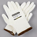 A pair of Cordova Monarch White Engineered Fiber Work Gloves with white polyurethane palm coating.