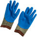 A pair of blue and brown Cordova Power-Cor Max Cut Resistant Gloves with blue latex palms.