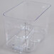 A clear plastic square container with a measuring scale.