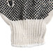 A white knitted glove with black dots.