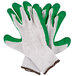 A pair of green and white Cordova work gloves with green latex palms.