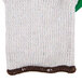 A white knitted work glove with green latex coating on the palm.