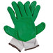 A pair of green Cordova work gloves with white trim on the wrist.