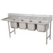 An Advance Tabco stainless steel four compartment pot sink with one drainboard.