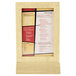 A Menu Solutions natural wood framed table tent with a white menu sign and white, red, and yellow text.