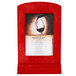 A red wood framed menu tent with a picture of a glass of wine.