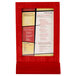A white menu board with a red framed Menu Solutions berry wood tent menu.