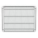 A black metal grid shelf with bars slanted downward.
