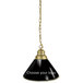 A black and gold pendant light with a logo shade.