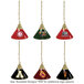 A group of Holland Bar Stool NCAA logo pendant lights with black and gold lamp shades and a red lamp shade with a yellow and red logo.