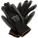 A pair of Cordova black polyester warehouse gloves with black polyurethane palms.