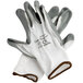 A pair of Cordova white nylon gloves with gray nitrile coating on the palms.