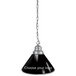 A black and silver pendant light with a NHL logo shade.