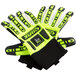 A pair of lime green and black Cordova OGRE spandex gloves with TPR reinforcements and a corded canvas palm coating.